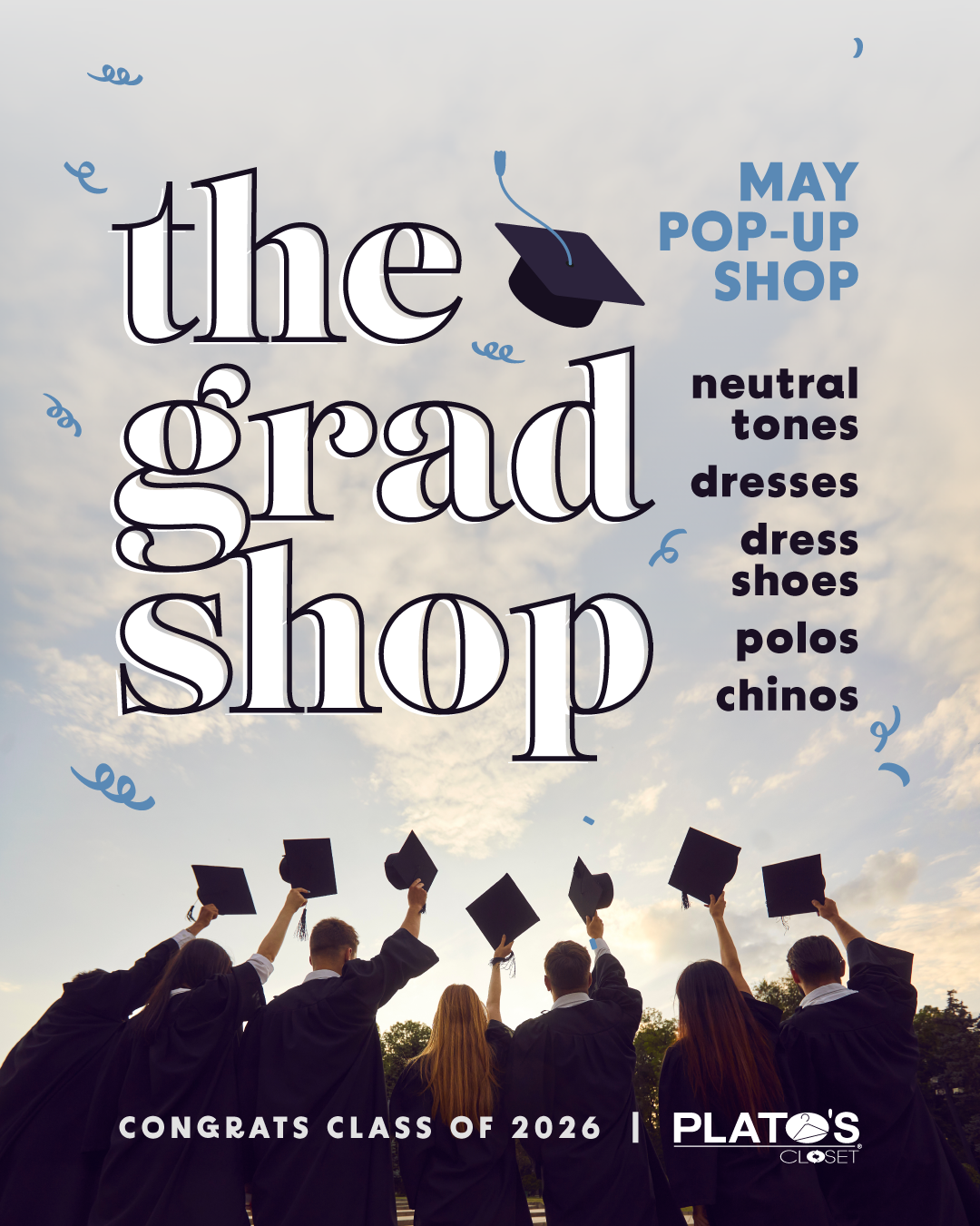 a group of graduates standing in front of the sky throwing their hats up in the air
